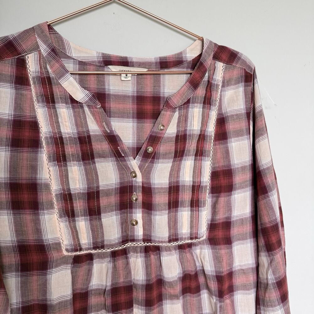 Lucky Brand Womens Top Medium Plaid Popover Button Detail Peasant Boho Prairie - Picture 3 of 7